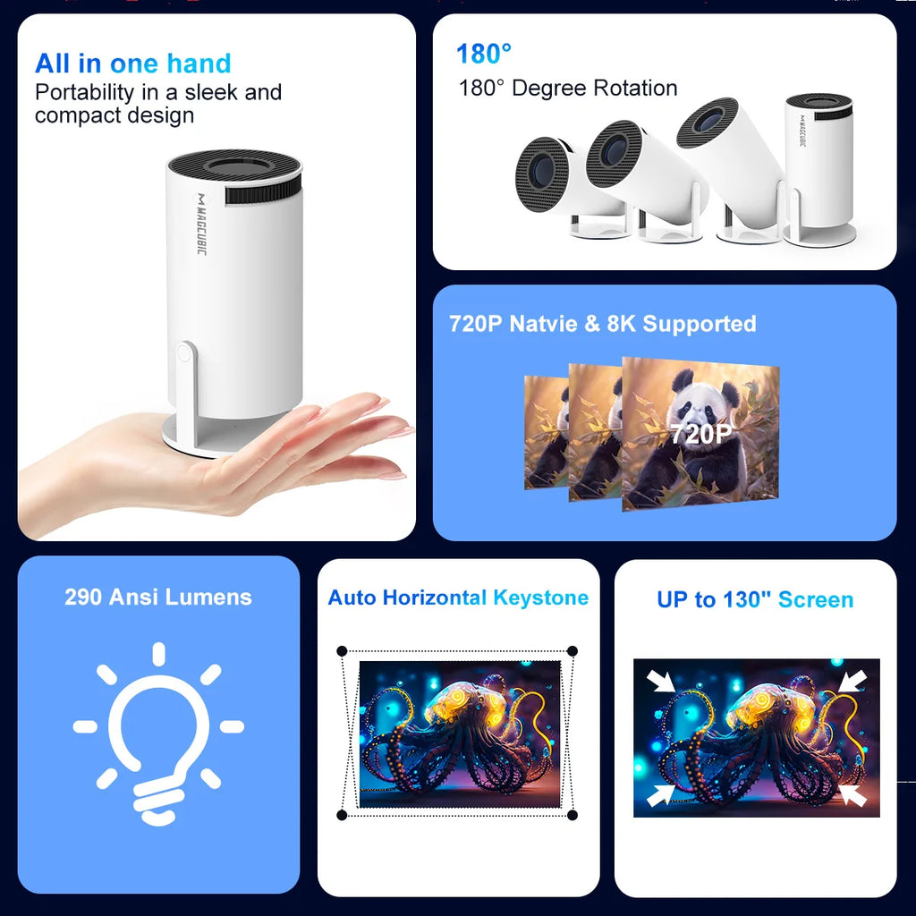 Magcubic Projector Android 14 8K 1280*720P HY300 Pro + Dual Wifi 290ANSI 180°flexible BT5.0 Cinema Outdoor Portable Projector